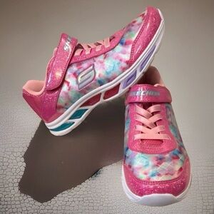 Skechers S-Lights Girl Size 5 Junior New Light Up Sneakers Pink Tie Dye Glitter